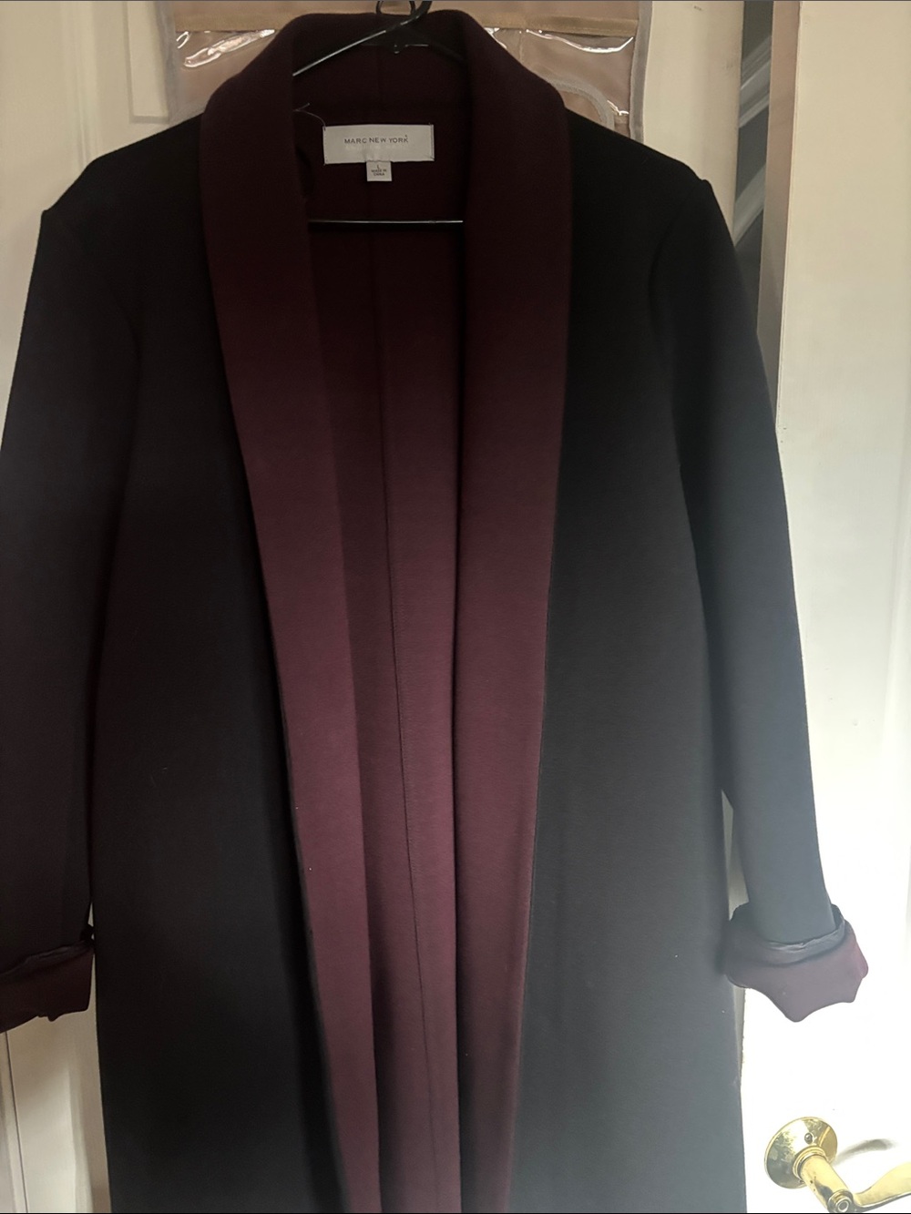 Marc New York Black Coat with Burgundy Trim Shawl Collar